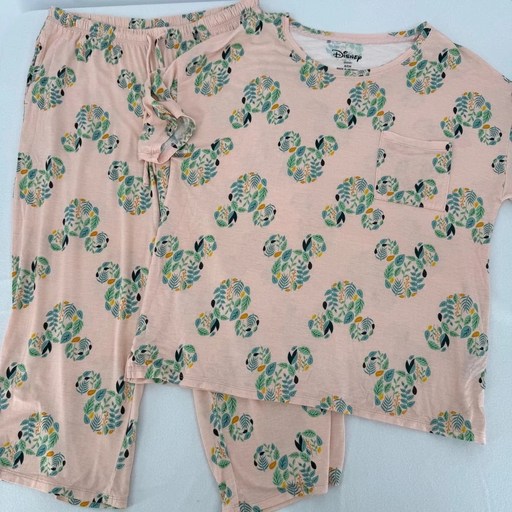 Disney Pajama Set Womens Small Pink Mickey Mouse Botanical Leaf Print PJ Lounge - Picture 1 of 8